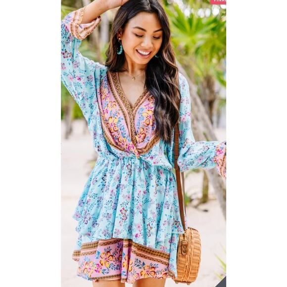 UMGEE Women's Floral Mini Dress SZ Medium Boho Festival Western Hippie Short - Picture 1 of 16